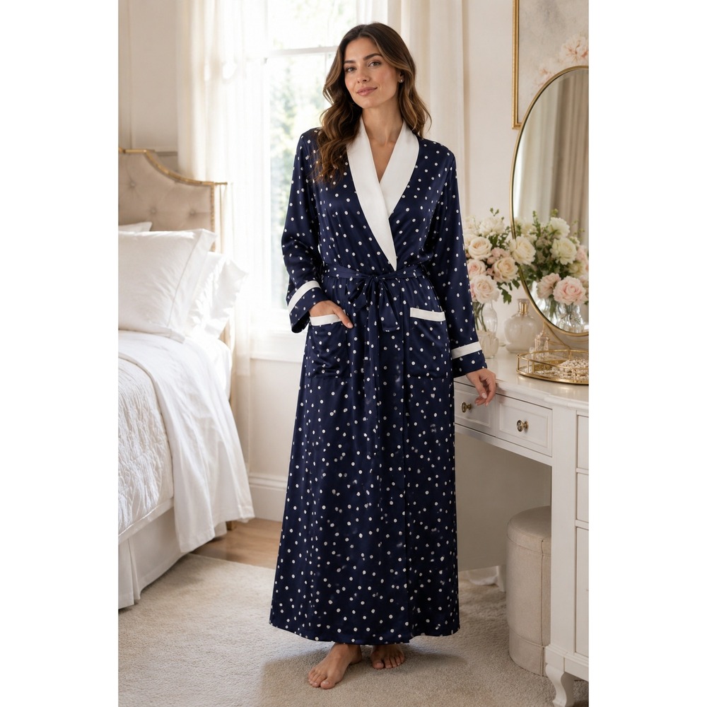 Victoria's Secret Navy Polka Dot Long Robe White Trim Belted M L Vintage Style